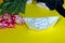 White paper boat, pink tulips, blurred silhoette of a cat, yellow background.