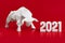 White paper bull and numbers 2021 on a red background