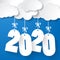 white paper clouds with numbers 2020 of coming year hanging on strings with bows on blue background