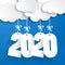 white paper clouds with numbers 2020 of coming year hanging on strings with bows on blue background