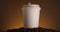 White paper coffee cup spinning. Disposable cup for hot drinks. Coffee beans. Espresso, latte, cappuccino for take away.