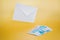 White paper envelope and money on a plain background