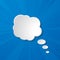 White paper thought bubble on blue background. Cloud speech frame icon. Think balloon silhouette design. Vector illustration