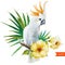 White parrot, hibiscus, tropical, palm trees, flowers, pattern, wallpaper