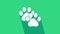 White Paw print icon isolated on green background. Dog or cat paw print. Animal track. 4K Video motion graphic animation
