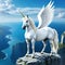 A white pegasus unicorn is perched on a cliff high above the