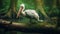 White Pelican Perched On Wooden Log In Tropical Forest