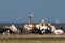 White pelicans, cormorants and seagulls rest on a sandbank