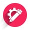 White Pencil and gear icon isolated with long shadow. Creative development. Blogging or copywriting concept. Red circle