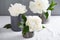 White peonies in gray handmade cups