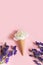 White peony flower in waffle cone on pink background and purple aconitum. Summer concept.