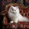 White Persian Cat Lounging on Patterned Chair