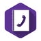 White Phone book icon isolated with long shadow. Address book. Telephone directory. Purple hexagon button