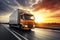 White pickup truck driving on a picturesque highway at sunset with a captivating vibrant orange sky