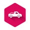 White Pickup truck icon isolated with long shadow background. Pink hexagon button. Vector