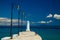White pier jetty on blue paradise water, Kassandra, Macedonia, G