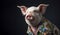 A white pig posing in a Hawaiian shirt, in the style of conceptual portraiture with a dark background. Generative AI