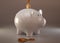 White piggy bank with cryptocurrencies, golden physical coins, Ripple, Zcoin, Bitcoin and Etherium. Mining cryptocurrency