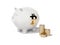 White piggy bank and stacks of bitcoins. 3d rendering