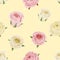 White and pink roses seamless pattern. Bright and clear roses buds on light yellow background