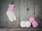 White and pink woolen socks in vintage setting