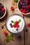 White plain greek yogurt with fresh berries and granola