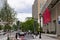 White Plains Public Library red pennant banners at building