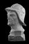 White plaster bust, sculptural portrait of warrior in armor and helmet