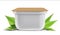 White plastic blank bank for food, oil, mayonnaise, margarine, cheese, ice cream, olives, pickles, sour cream with eco paper cover