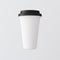 White Plastic Paper Coffee Cup Gray Background.One Take Away Cardboard Mug Closed Black Color Cap Isolated.Retail Mockup