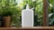 White Plastic Shampoo Bottle with Dispensary Lid. Wooden table, green plants near. Copy space mockup for logo design or