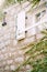 White plastic window with shutters on a stone wall with branches of bushes with leaves.