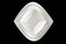 White plate isolated on black. Empty square dish for food. Dinner background. Clean circle porcelain crockery. Breakfast