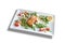 White plate with shrimp and cheese croquettes on tomato and salad