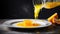 White plate with spilled glass of orange juice, citrus splash on the table, vibrant kitchen scene