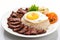 A white plate topped with rice and meat. AI generative image. Philippines food Philippines food