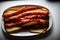 A White Plate Topped With Slices Of Bacon. Generative AI