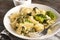 White plate with tortilloni with sauce and spinach and cheese, broccoli, fork, napkin  on a light background, spinach pasta,