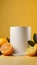 White platform, display for presentation of products, cosmetics on a yellow background with oranges.