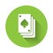White Playing cards icon isolated with long shadow. Casino gambling. Green circle button. Vector