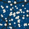 White Plum Blossom Flower on Indigo Blue Background. Vector Illustration
