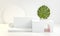 White Podium Square With Monstera Plant Background 3d Render