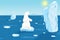 The white polar bear looks surprised at melting glacier in ocean. Cartoon illustration background with mountains iceberg polar win