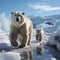 White polar bear among snow and ice. A family of northern bears, they are also called oshkuy, nanuk or umka