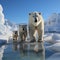 White polar bear among snow and ice. A family of northern bears, they are also called oshkuy, nanuk or umka