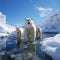 White polar bear among snow and ice. A family of northern bears, they are also called oshkuy, nanuk or umka