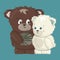 White polar and brown grizzly smiling happy bears are in love cartoon vector illustration on blue background. Grizzly male bear ma