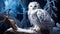 White polar owl sitting on a stick. AI Generative