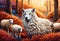 White polar wolf among a flock of white lambs in a bright colorful autumn forest