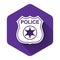 White Police badge icon isolated with long shadow. Sheriff badge sign. Purple hexagon button